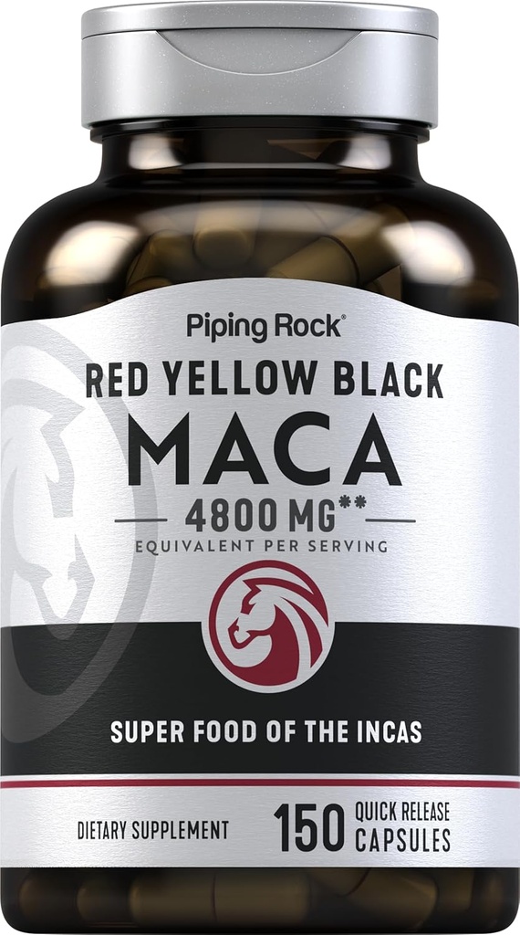 Piping Rock Maca Root Powder Capsules | 4800mg | 150 Pills | for Women and Men | Red, Yellow, and Black | Non-GMO, Gluten Free Supplement