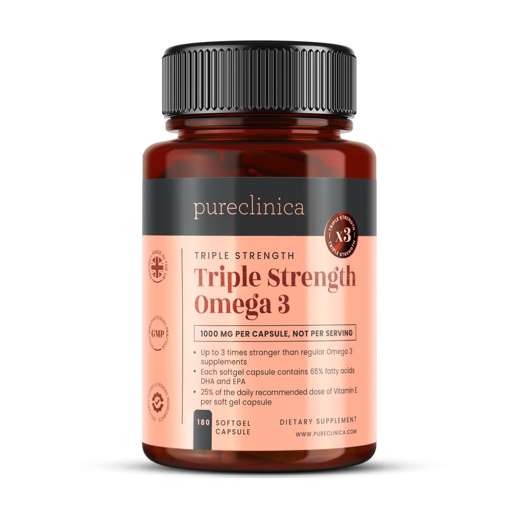 Triple Strength Omega 3 Fish Oil 1000mg, 180 Softgel Capsules (6 Months Supply), 430mg EPA & 220mg DHA per Capsule, Made in UK