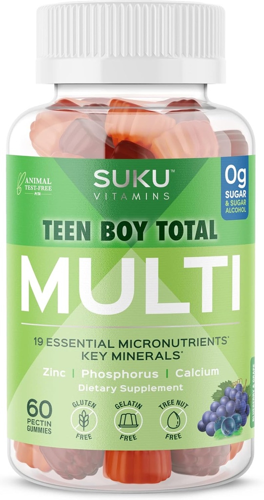 Teen Boy Multivitamin Gummies – Vitamins A, B12, C, D3, E, Zinc & Biotin – Sugar-Free Vegetarian Supplement for Energy, Growth, Immune & Bone Health – Grape Flavor – 60 Count