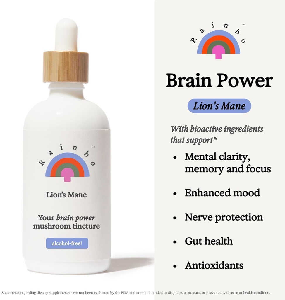 Rainbo - Lion's Mane Mushroom Tincture - Alcohol Free - Dual Extract Mushroom Supplement - Brain Support, Focus, Memory, Liquid Lion's Mane Supplement, Vegan, Non GMO, 3.4 fl oz