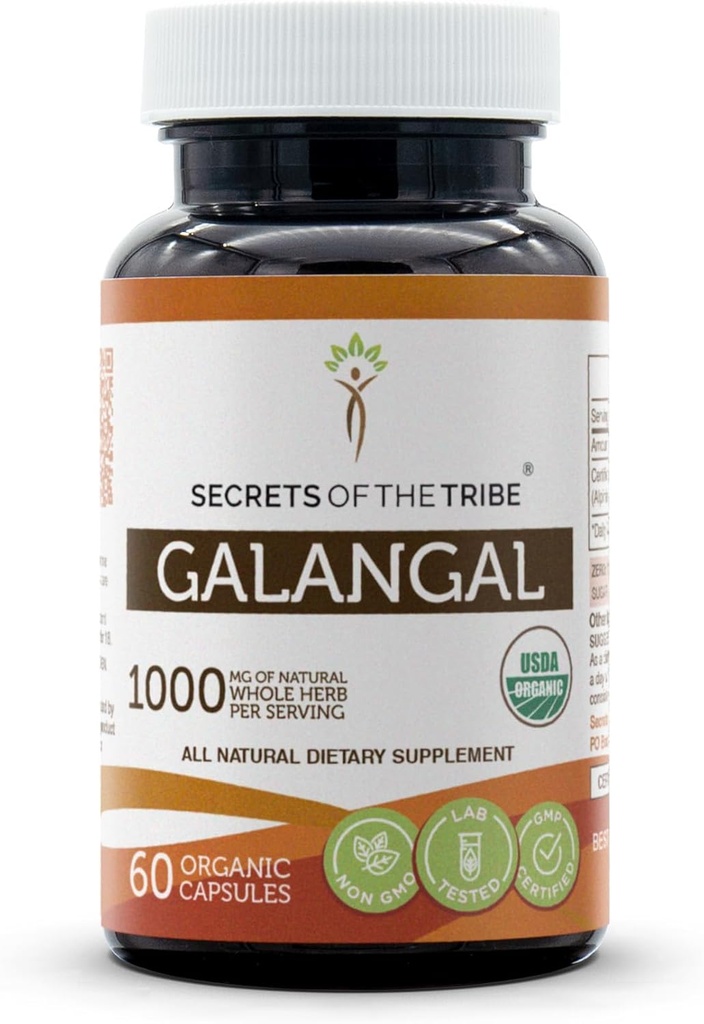 Secrets of the Tribe Galangal 60 Capsules, 1000 mg, USDA Organic Galangal (Alpinia Galangal) Dried Root (60 Capsules)