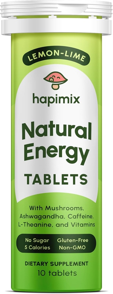 Natural Energy Effervescent Tablets | Lemon-Lime with Natural Caffeine, Lion's Mane & Electrolytes | 8 Powerful Adaptogens with 50mg Caffeine | Dissolves in Water | 10 Servings