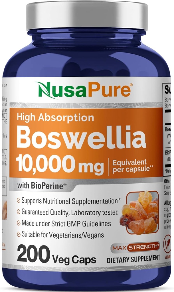 NusaPure Boswellia Serrata 10,000 mg Per Veggie Caps 200 Count (Ext. 20:1, Non-GMO, Vegan, Bioperine) Ayurvedic Herb: Indian Olibanum, Frankincense