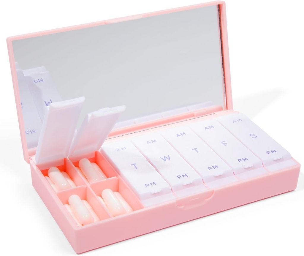 Designer Weekly Pill Box Organizer (AM/PM 2X Daily, Blush Pink) | Compact, Stylish 7-Day Vitamin Supplement Case | Cute Portable Mini Travel Medicine Carrier | BPA-Free Pillbox Caddy