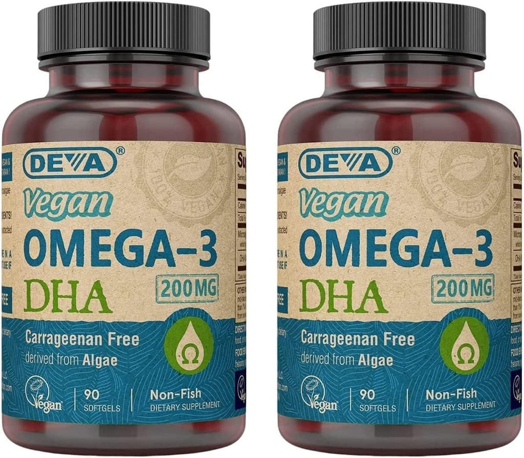 DEVA Vegan Omega-3 DHA Supplement - Once-Per-Day Softgels 200 MG - Carrageenan Free - Gelatin Free - Non-Fish - Algae Oil Omega-3 Fatty Acids - 90 Softgels (Pack of 2)