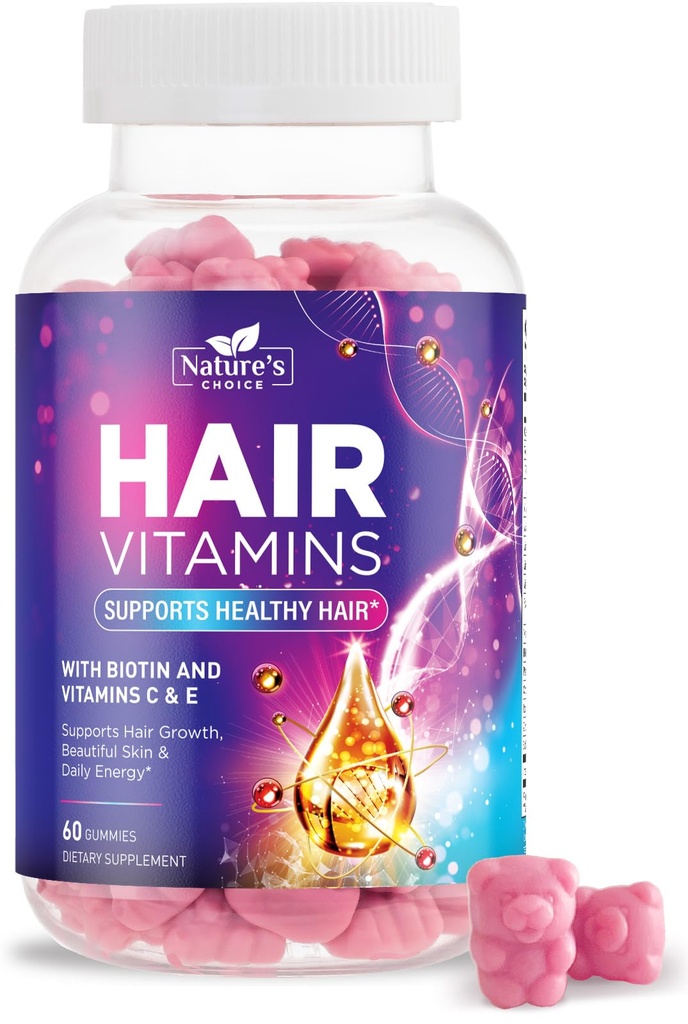 Hair Vitamin Gummies - 3X Strength Hair Growth Support Gummy with Biotin 5000 mcg Per Serving - Vegetarian Non-GMO - Vitamins E & C for Stronger, Beautiful Hair Skin & Nails Supplement - 60 Gummies