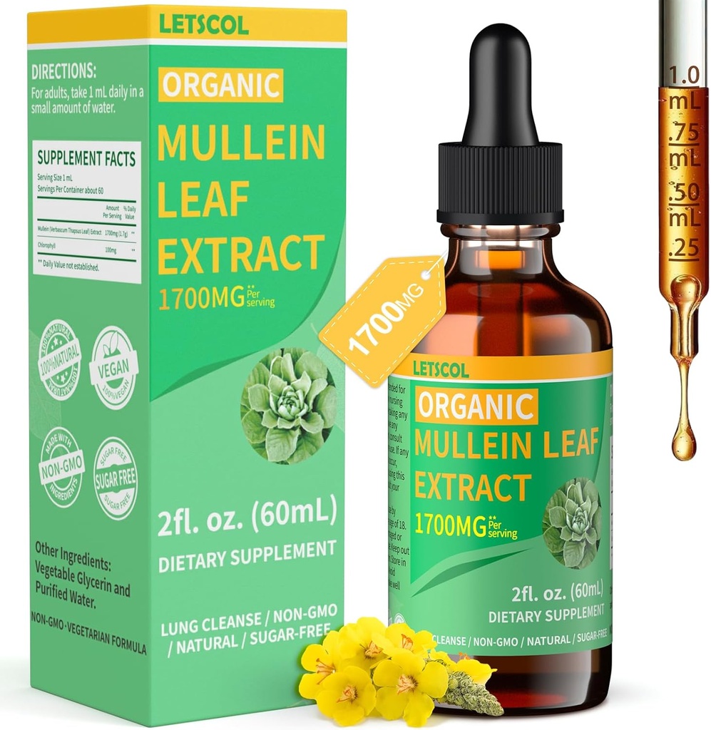 Organic Mullein Drops for Lung Cleanse, Powerful 1700mg Mullein Leaf Extract for Immune & Respiratory Support, Natural Mullein Supplement Tincture Drops Non-GMO & Vegan, 2 Fl Oz