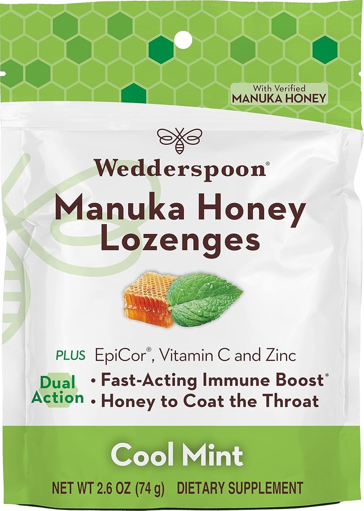 Wedderspoon Manuka Honey Immunity Lozenges, Cool Mint, 2.6 Oz (Pack of 1), Genuine New Zealand Honey, Boost Immunity Within Two Hours
