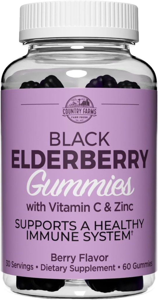 Country Farms Elderberry Gummies with Vitamin C and Zinc, Supports Healthy Immune System, Rich in Antioxidants, Triple Action Immune Blend, Berry Flavor, 60 Gummies, 30 Servings