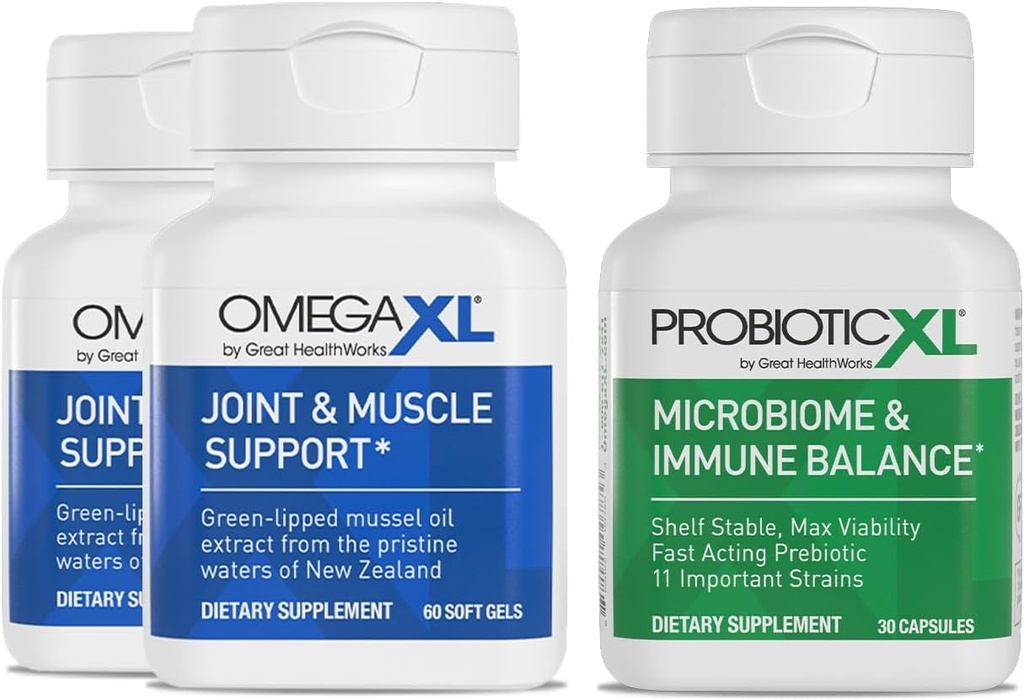 OmegaXL Powerful Joint and Muscle Support Supplement 60 Count (2 Pack) & Probiotic XL - PreforPro, DE111, Shelf Stable - Promote Healthy Gut Flora Growth (30 Veggie caps)