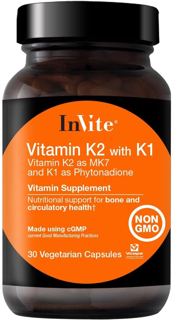 Invite Health Vitamin K2 with K1 - Supports Bone and Circulatory Health - Vitamin K2 as MK7 and K1 and Phytonadione - 30 Vegetarian Capsules (2-Pack)