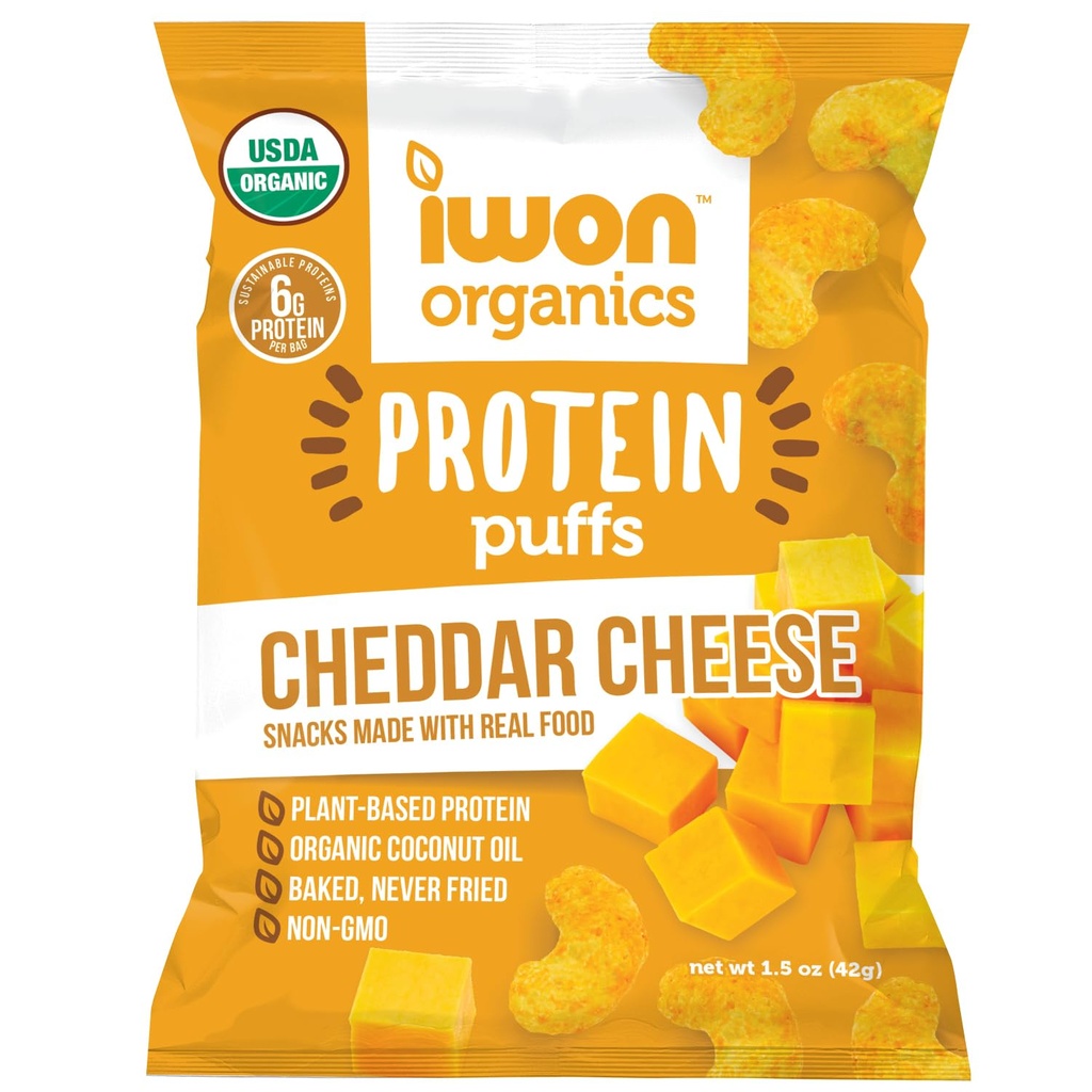 [BRSWGFIROQGWEF3X] IWON Organics Cheddar Cheese Flavor Protein Puff, High Protein and Organic Healthy Snacks, 8 Bags