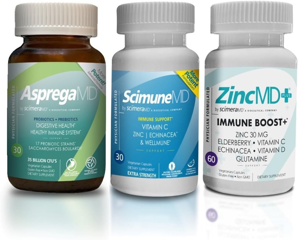 ScimeraMD® AspregaMD 30CT Probiotic + Prebiotic, ScimeraMD® ScimuneMD 30CT Immune Support and ScimeraMD® ZincMD Immune Support Supplement for Digestive Health and Immune System Support