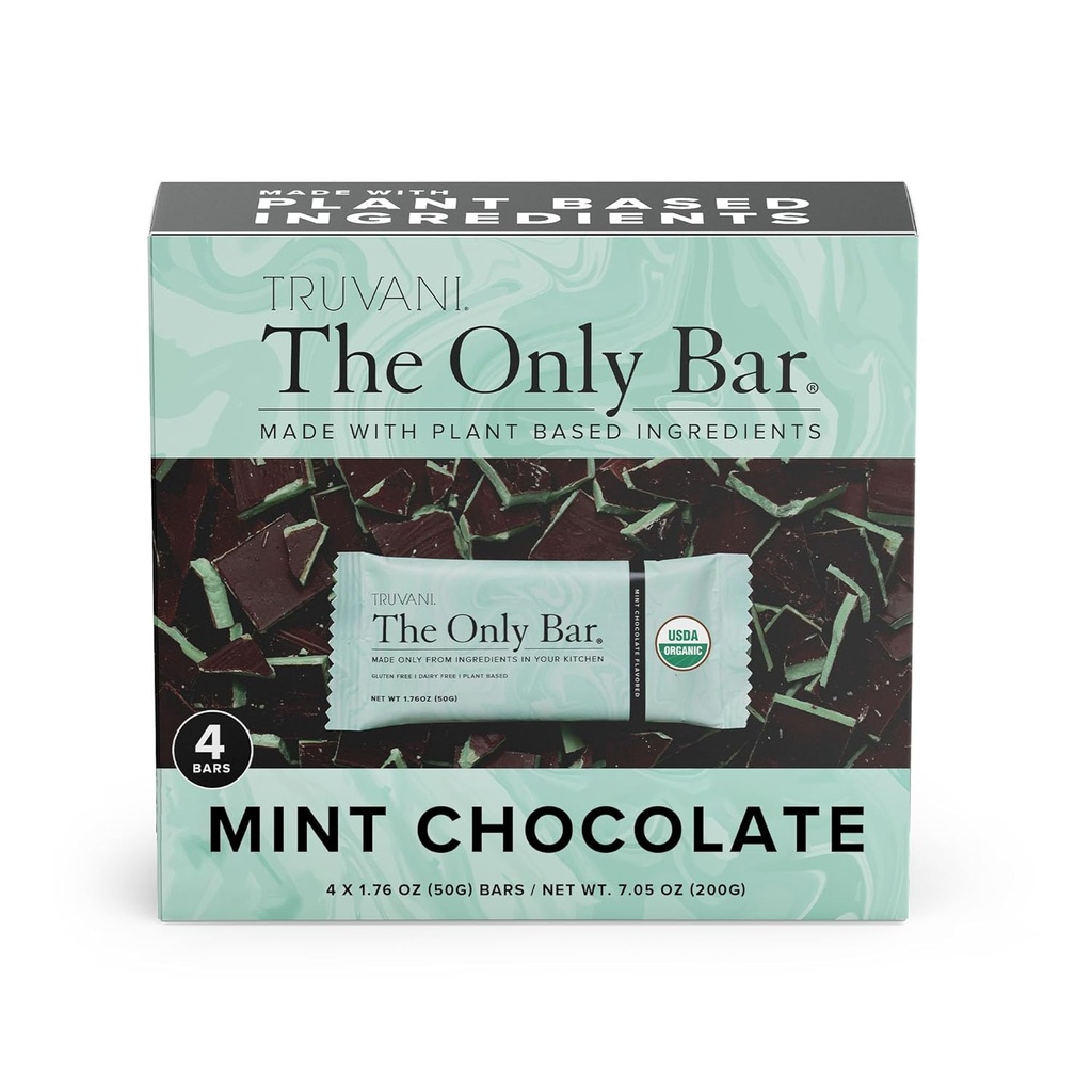 Truvani Plant Based Snack Bars | Chocolate Mint 4 Pack | 7g Protein | USDA Organic and Vegan | The Only Bar | Dairy, Soy, and Gluten Free | Individually Wrapped