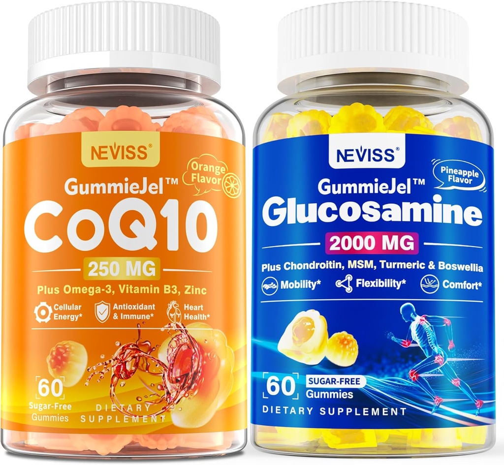 NEVISS 1Pack Sugar Free CoQ10-250mg Filled Gummies + 1Pack Sugar Free Glucosamine Chondroitin MSM Filled Gummies 3100mg for Men & Women, 60 Counts