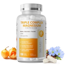 Triple Magnesium Complex - Magnesium Glycinate, Taurate & Malate Supplement with Omega3, Ashwagandha, GABA for Sleep, Brain Heart & Muscle Support - High Absorption and Gentle, Vegan, 120 Capsules