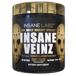 Insane Labz Insane Veinz Gold, Nitric Oxide Non Stimulant pre Workout Powder, Loaded with Hydromax, Nitrosigine, Increases Vascularity and Blood Flow, 30 Srvgs, Fruit Punch