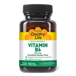 Country Life Vitamin B-6, High Potency, Supports Energy and The Nervous System, 200mg, 90 Vegan Capsules, Certified Gluten Free, Vegan, Halal