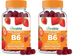 Lifeable Vitamin B6 Gummies | 100mg | Great Tasting VIT B6 Supplement | Vegan B6 Vitamins for Nerve Support Supplement | Vitamin B 6 for Adults, Men, Women | 60 Gummies (Pack of 2)