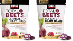 Force Factor Total Beets Ultimate Heart Health Chews for Blood Pressure Support,Beetroot Powder,CoQ10,B Vitamins&Grapeseed Extract for Blood Flow & Energy,Pomegranate Berry,60 Soft Chews,(Pack of 2)
