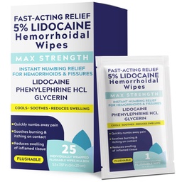 Hemorrhoid Wipes with 5% Lidocaine | Hemorrhoid Treatment for Pain, Itching, Burning & Swelling | Fast-Acting Numbing Comfort | Flushable Wipes Individually Wrapped Glycerin Protectant | 25 Count