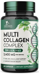 Multi Collagen Pills - Hydrolyzed Collagen Peptides Capsules for Women & Men - Types I, II, III, V, X Multi Collagen Complex - Hair, Skin & Nails Support Supplement - Bottled in the USA - 60 Capsules