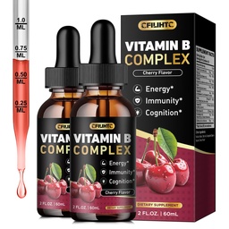 CFILIHTC (2 Pack) Vitamin B Complex Liquid Drops, B Vitamins Complex Supplement with B1, B2, B3, B5 B6, B7, B9 & Methyl B12 Drops for Adults & Kids, Vegan, Cherry Flavor