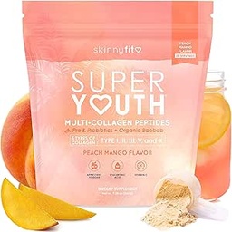 SkinnyFit - Super Youth Collagen for Women - Multi Collagen Peptides Powder - Probiotics, Fiber, Hyaluronic Acid - Non GMO, Gluten Free, Sugar Free - Beauty & Self Care - Peach Mango (28 Servings)