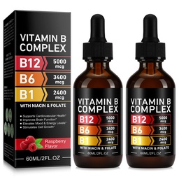 Organic Vitamin B Complex Drops for Men & Women | Vitamin B12 Methylcobalamin, B6, B1, B9 for Metabolic Health Support | Immune Support, Non-GMO, Gluten Free - 2 Month Supply 60ML - 2Pcs