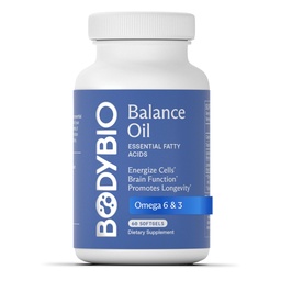 BodyBio Balance Oil - Omega 3 6 Supplement – Cold-Pressed Safflower & Flaxseed Oil – Supports Brain Function, Healthy Skin, and Mood - 60 Softgels
