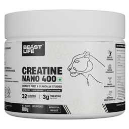 BeastLife Creatine Nano 400 | Unflavored | 100 Gm | 32 Serving | World’s First Finest & Clinically Studied Creatine | Ultra Fine, Ultra Soluble, Ultra Effective | Zero Sugar | NABL Lab Tested | Premium Sports Nutrition for Strength & Performance