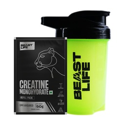 Beastlife Pure Super Micronised Creatine & Shaker Pack | 50 g | 16 Servings | Unflavored | NABL Lab Tested | Rapid Absorption for Muscle Strength & Athletic Performance | Super Micronised Creatine Powder