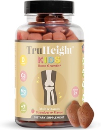 TruHeight Kids Bone Growth Gummies (Strawberry, Ages 2+) All Natural Kids & Toddler Vitamins - Vitamin D, Calcium, K, Magnesium Multivitamin, Growth & Development, Builds Strong Bones, D3 K2, Vegan