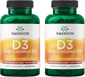 Swanson High Potency Vitamin D-3 w/Coconut - Natural Supplement Promoting Bone Health & Immune System Support - May Help Increase Calcium Absorption - (60 Softgels, 125mcg Each) (2 Pack)