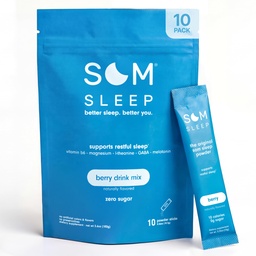 Som Sleep, Calm Sleep Nighttime Powder Drink Mix, Melatonin 3mg, Magnesium, Vitamin B6, L-Theanine & GABA – Vegan, Zero Sugar – Berry, 10-Pack