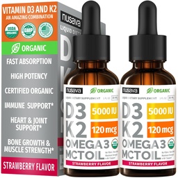 (2 Pack) Organic Vitamin D3 K2 Drops 5000 IU with MCT Oil Omega 3 — Liquid D3, No Fillers, Non-GMO, Immune Support (Strawberry, 2 Fl Oz)
