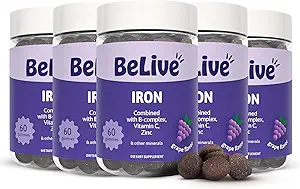 BeLive Iron Gummies - Multivitamin Iron Supplement with Vitamin C, A, B & Zinc, Supports Blood Oxygen, Vegan Supplements for Women, Men & Kids for Growth and Development - Grape Flavor | 5-Pack
