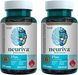 NEURIVA Plus Brain Supplement for Memory, Focus & Concentration + Cognitive Function with Nootropics Phosphatidylserine and Neurofactor, VIT B6 & B12, Strawberry Flavor, 50 Gummies (2 Pack)