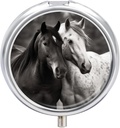 Round Pill Box Portable Pill Case for Pocket Black and White Horses Travel Small Pill Organizer 3 Compartment Metal Pill Container Holder for Medicine Vitamins Fish Oil Supplements