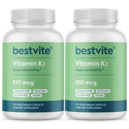 BESTVITE Vitamin K2 100 mcg as MK-7 (240 Vegetarian Capsules)(120x2) - No Stearates - Vegan - Non GMO - Gluten Free