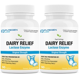 Puregen Labs Dairy Relief Natural Fast Acting Lactase Enzyme 3000 FCC, Lactose Intolerance Pills | 2 Pack - 180 Caplets Total