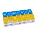EZY DOSE Weekly AM/PM Pill Organizer, 7-Day Vitamin and Medication Box with Large Pop-Out Compartments, 2 Times a Day Pill Holder for Easy Dosing, Yellow and Blue Lids, Travel-Friendly Design