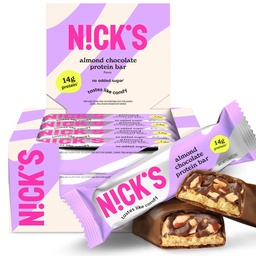 N!CK'S Protein Bars Almond Chocolate – 12-Count Box | Protein-Packed Snack, Low Calories, Low Carbs, Keto Friendly, No Added Sugar (12 bars x 50g)