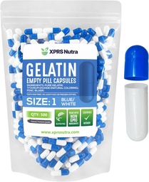 XPRS Nutra Size 1 Empty Capsules - 500 Count Empty Gelatin Capsules - Pill DIY Capsule Filling - Pure Bovine Pill Gel Caps for Do-It-Yourself Supplements (Blue/White)